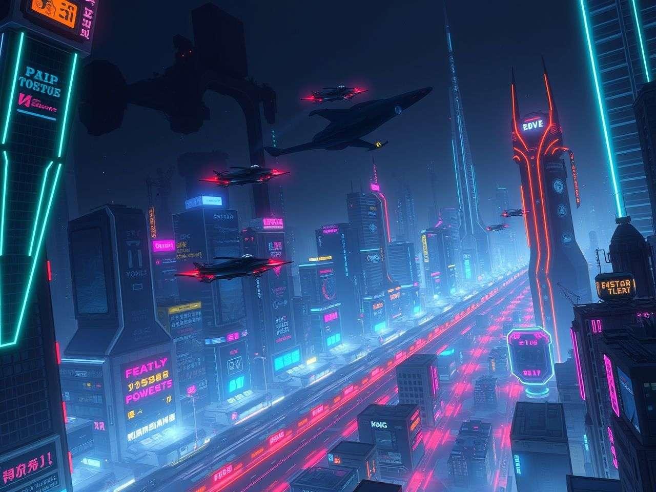 A futuristic cityscape at night, illuminated by neon lights and flying vehicles.
