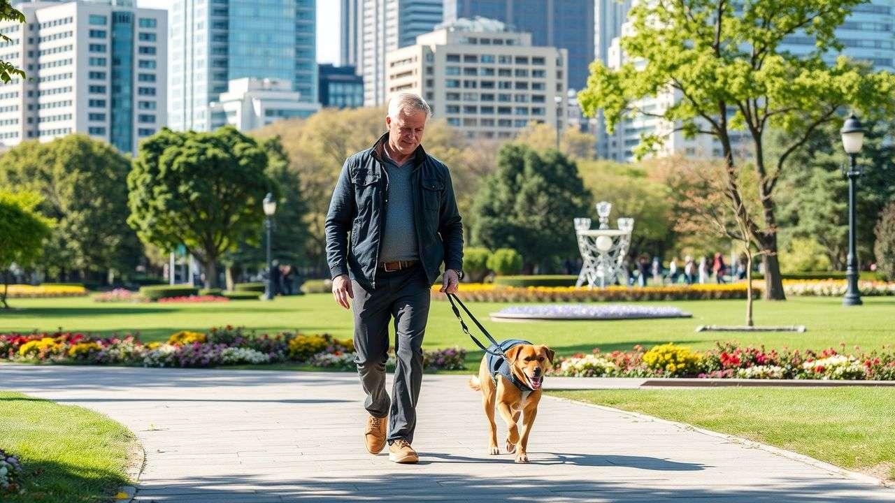 A man walking his dog through a vibrant city park