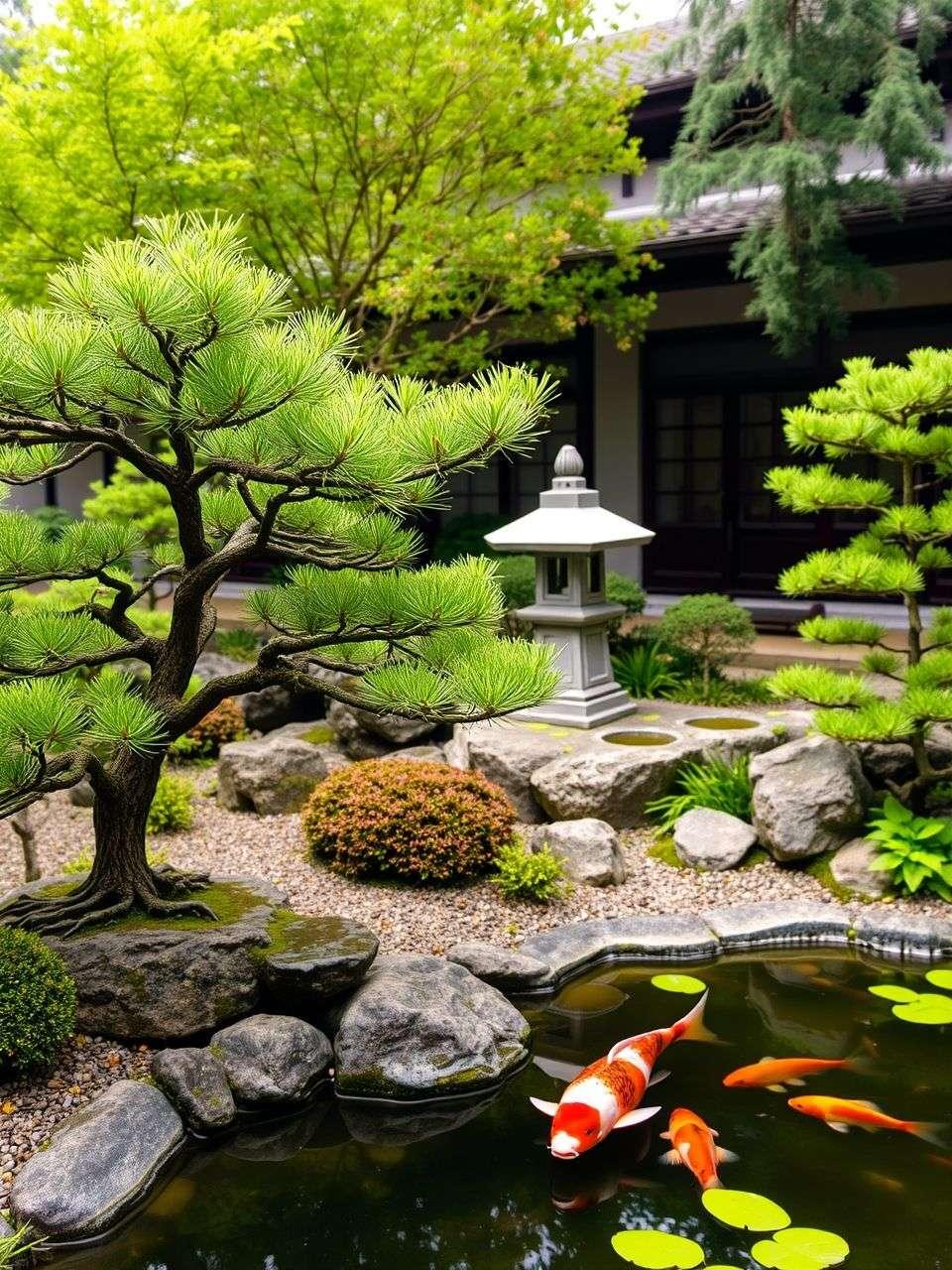 A tranquil Japanese garden with bonsai trees, a stone lantern, and a koi pond.