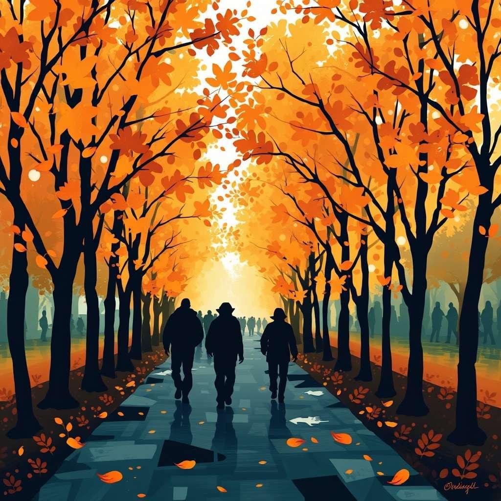 Abstract art of people walking along the path of brown leafed trees