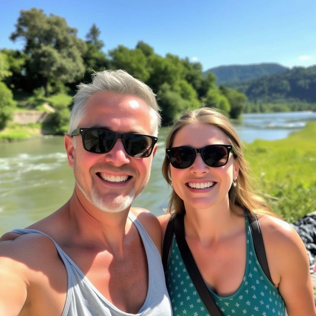 Generate a smiling couple by the river. The weather is sunny.