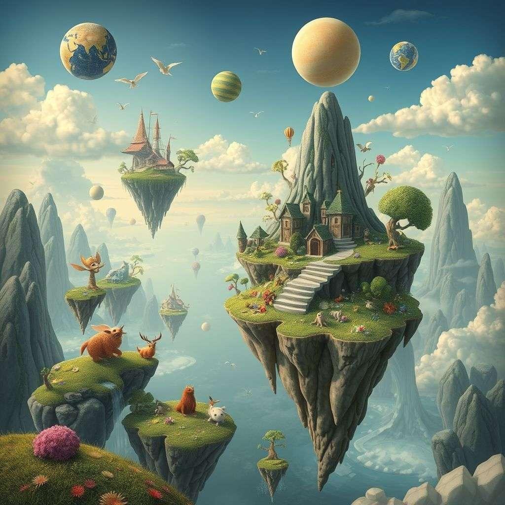 Surreal dreamscape featuring floating islands and whimsical creatures.