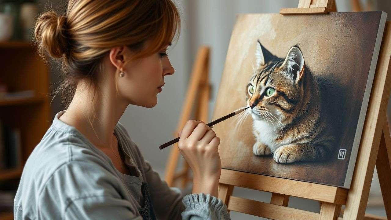 A woman painting a portrait of her cat