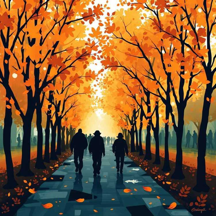 Abstract art of people walking along the path of brown leafed trees