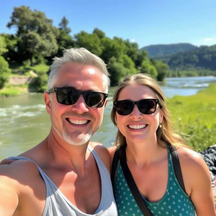 Generate a smiling couple by the river. The weather is sunny.